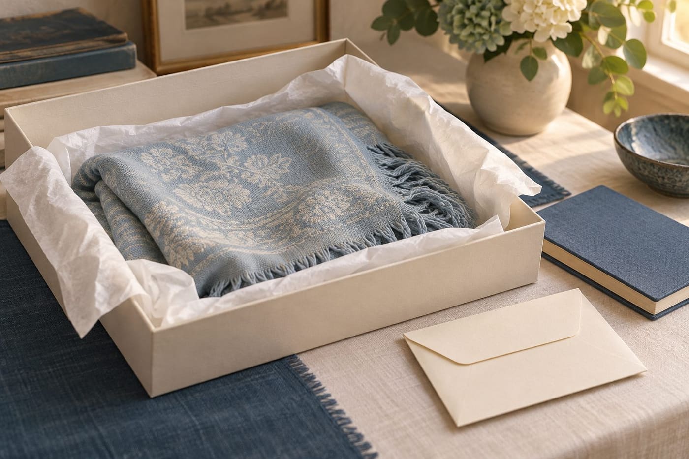 Original conceptual illustration of a generic shawl supported by tissue in a shallow box beside a notebook and envelope.