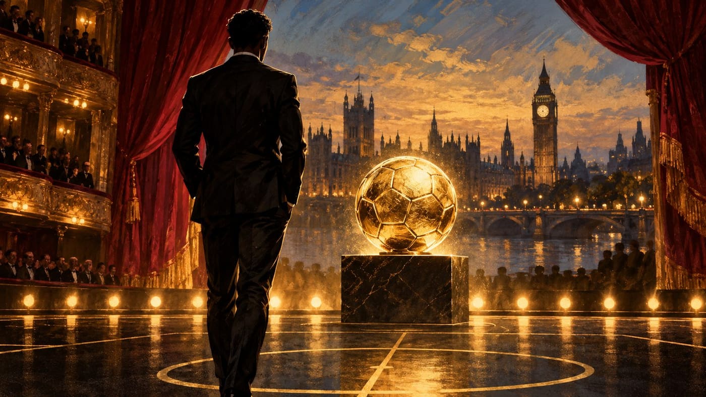 Original conceptual illustration of a football fan facing a golden football-shaped award in a London theatre setting; not an actual Ballon d’Or trophy or a documentary image of the 2026 ceremony.