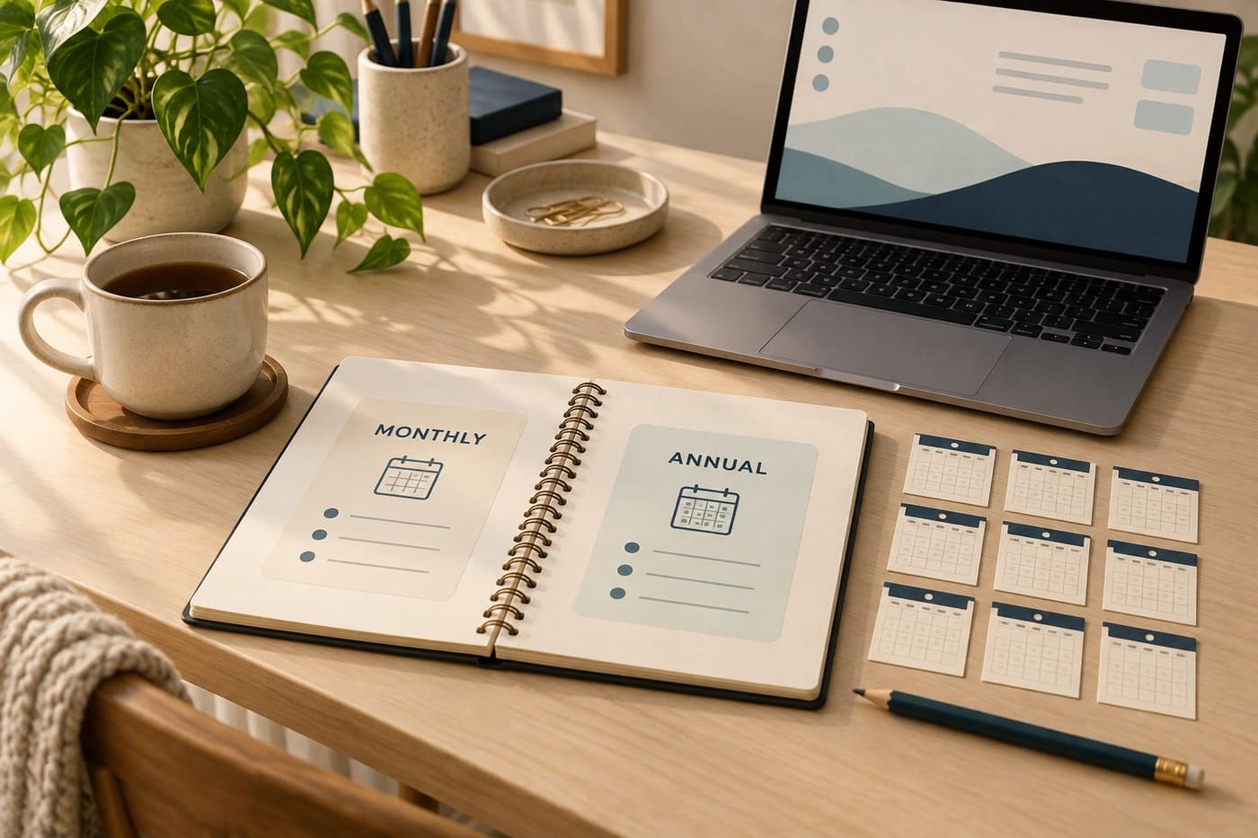 Original conceptual illustration of generic MONTHLY and ANNUAL plan notes with calendar cards on a desk; no real price, invoice or financial account is shown.