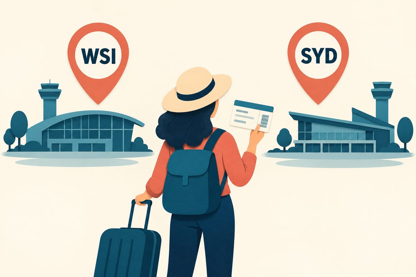Original conceptual illustration of a traveller checking a ticket between two generic airport terminals labelled WSI and SYD; not a map or photograph.