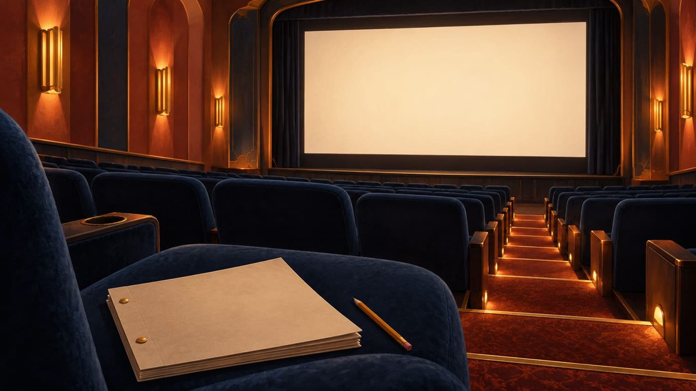 Original conceptual illustration of an imagined empty cinema with a blank screenplay folder and pencil; not a film still or real venue.