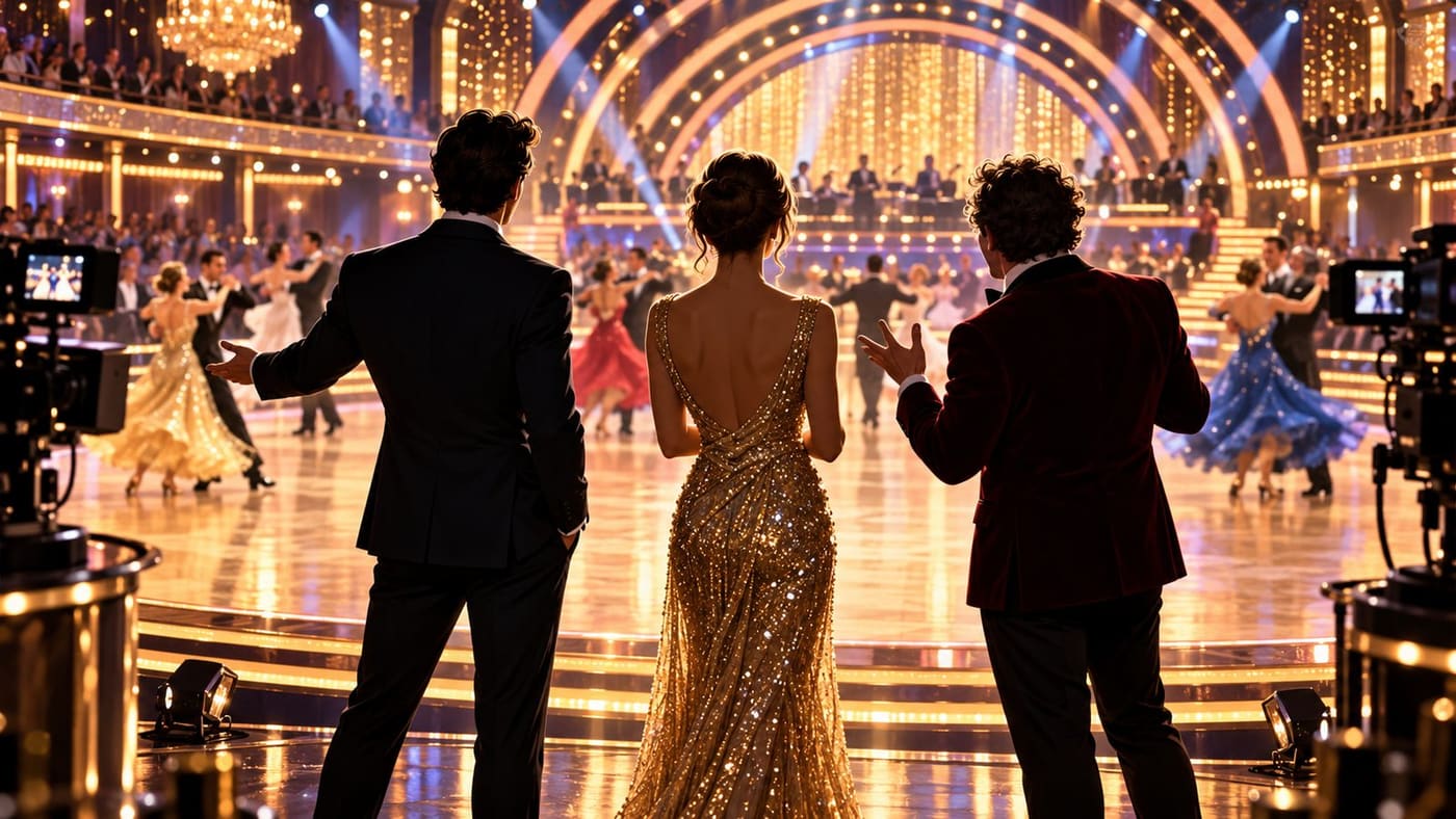 Conceptual illustration of three fictional presenters watching dancers in a glittering ballroom; generated artwork, not real Strictly presenters or a BBC set.