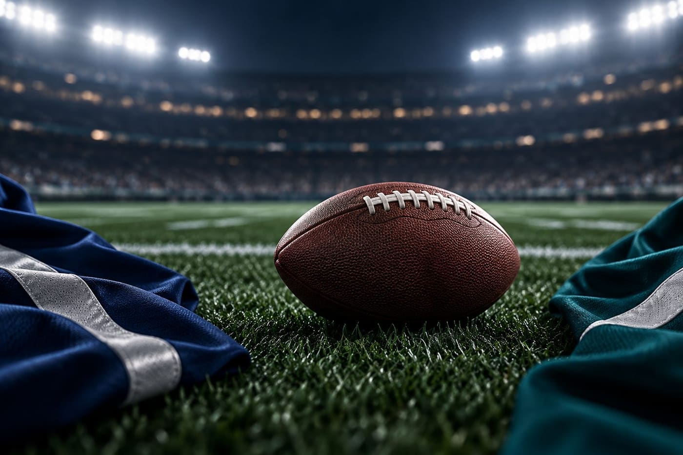 Original conceptual illustration of an American football on stadium turf with navy and green fabric; not a photograph of the Cowboys–Eagles game.