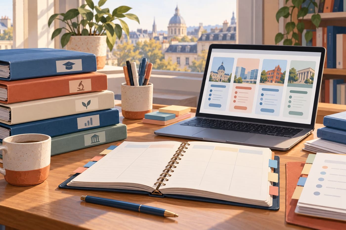 Original conceptual illustration of a planner, course folders and abstract comparison cards on a laptop; not the official Parcoursup interface or calendar.