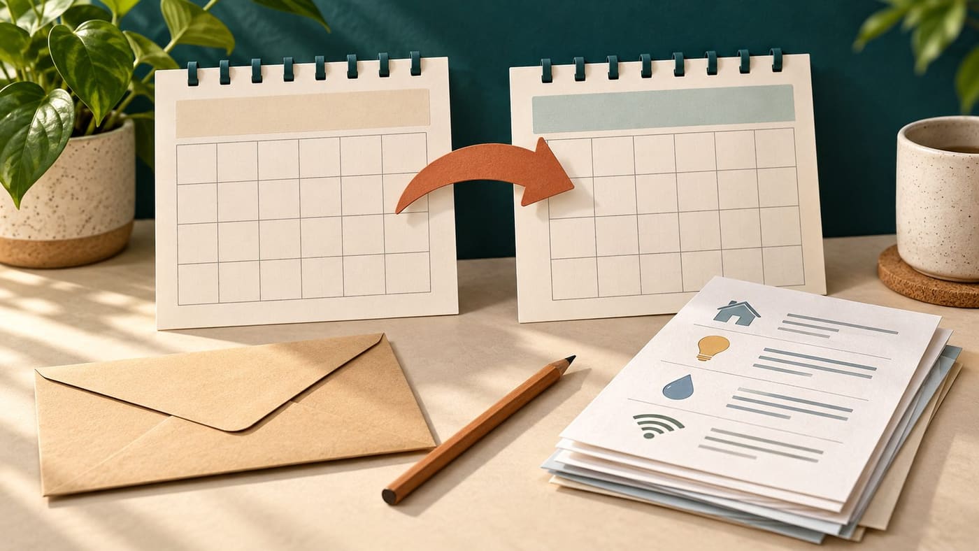 Original conceptual illustration of two blank calendar grids, an arrow, envelope and household bill papers; not an official SSA calendar, benefit notice or recipient photograph.