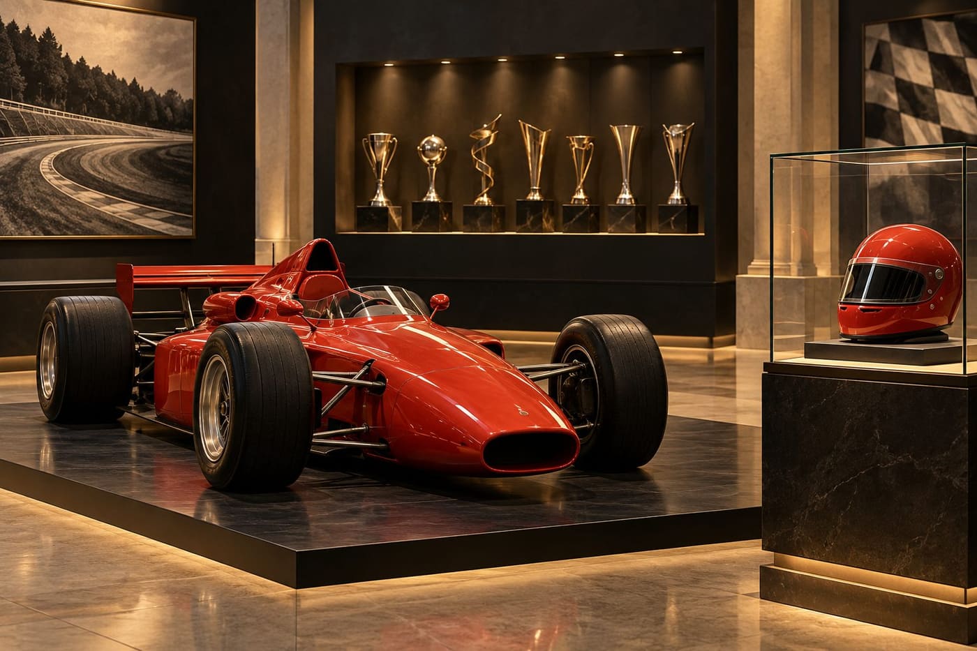 Original conceptual illustration of an unbranded red racing car, helmet and trophy shapes in a gallery; not the actual Schumacher collection.
