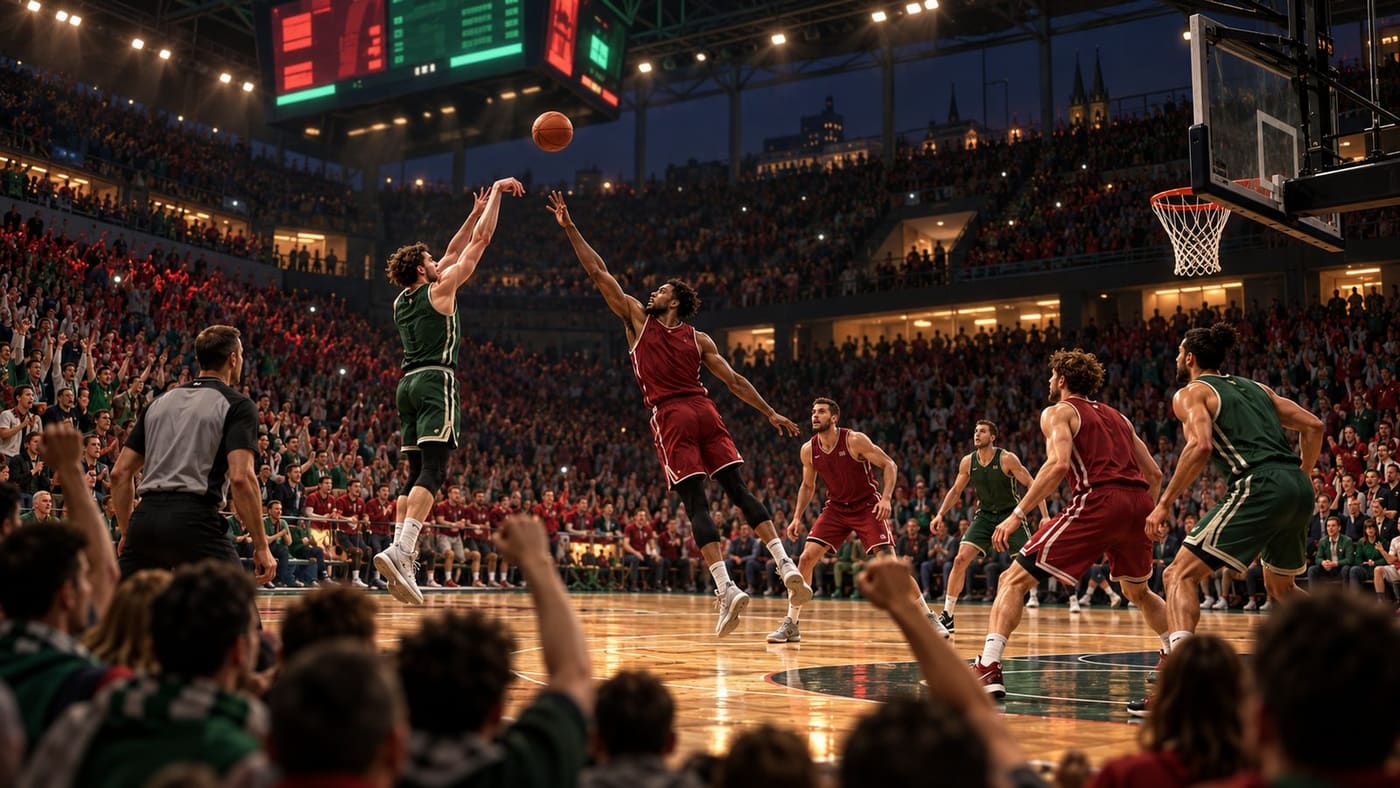 Conceptual illustration of two unbranded basketball teams contesting a late three-point shot in a German arena; generated artwork, not match photography.
