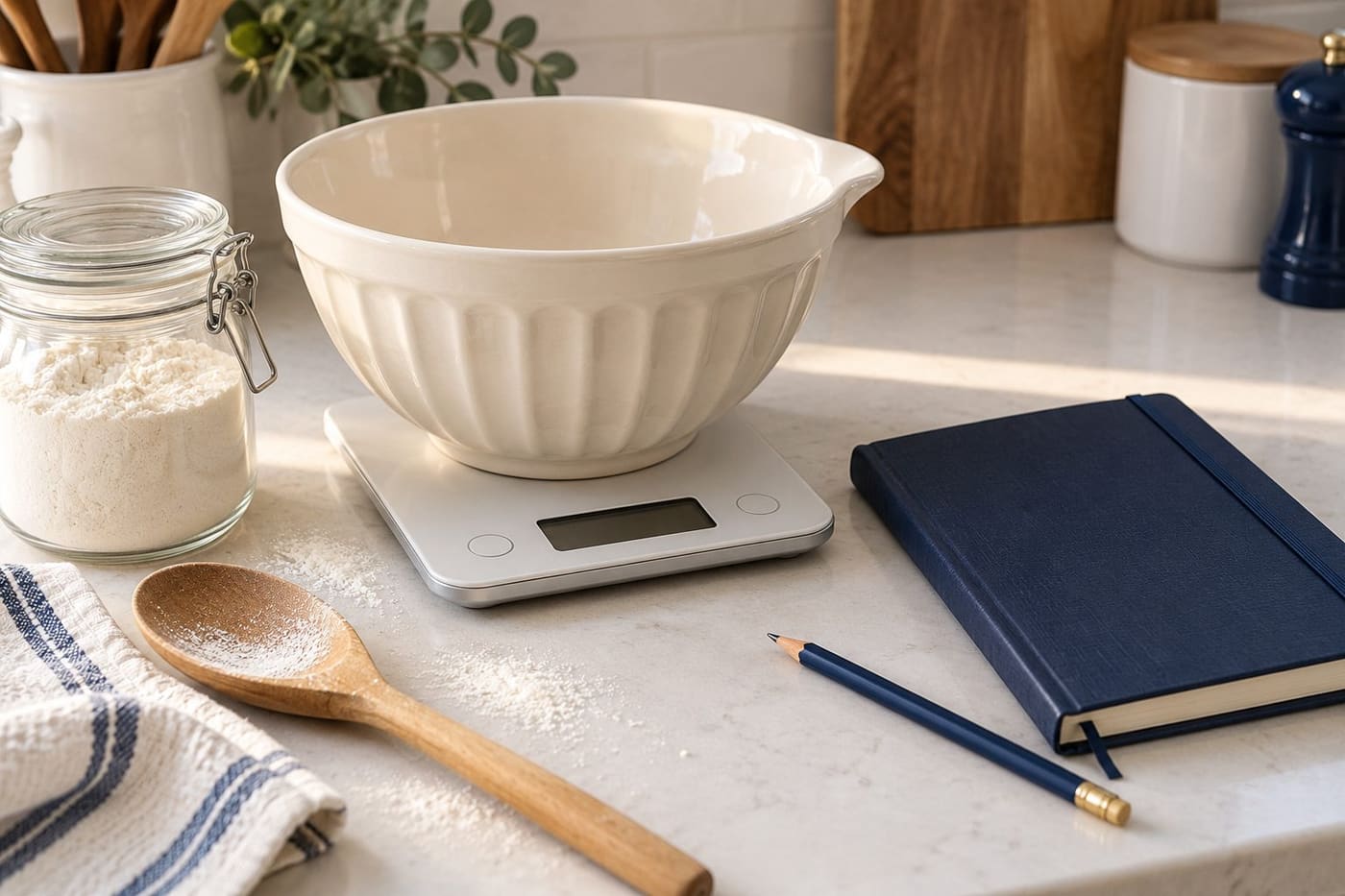 Original conceptual illustration of a bowl on a kitchen scale with flour, spoon and notebook; not a tested recipe or product review.