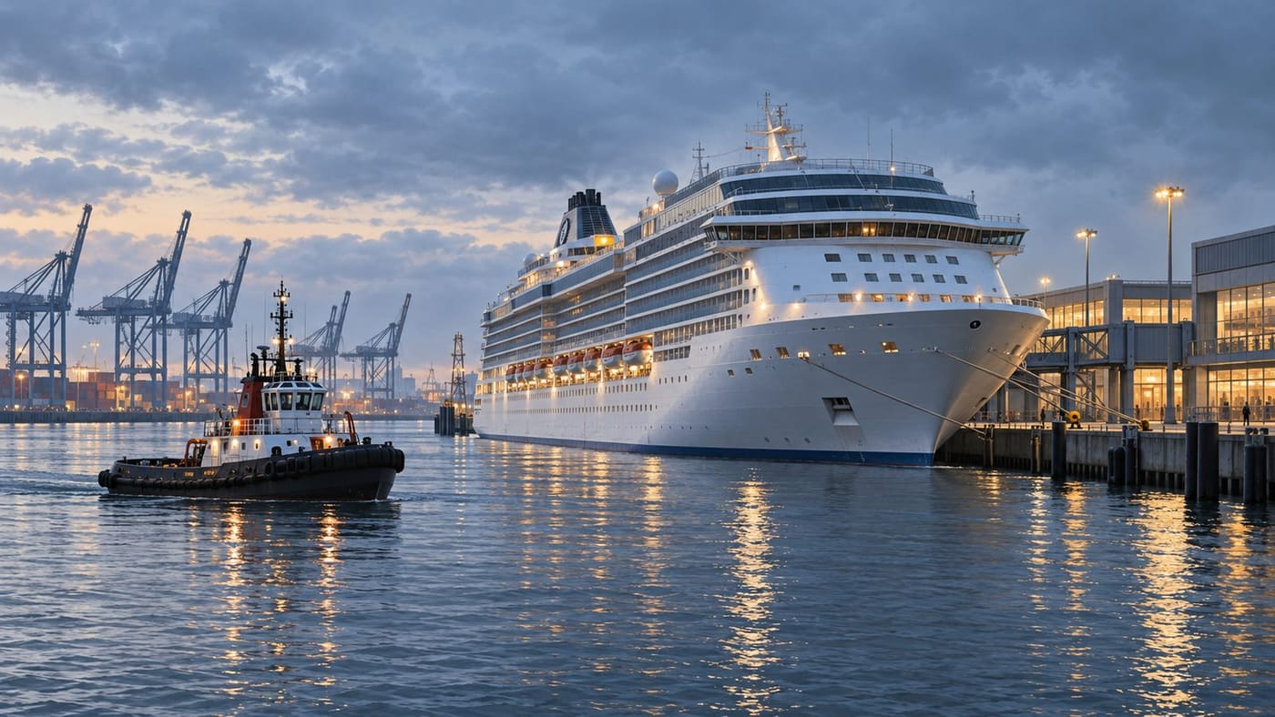 Original generated conceptual illustration of a generic cruise ship moored in a northern European harbour with a tug; not a photograph or reconstruction of the collision.