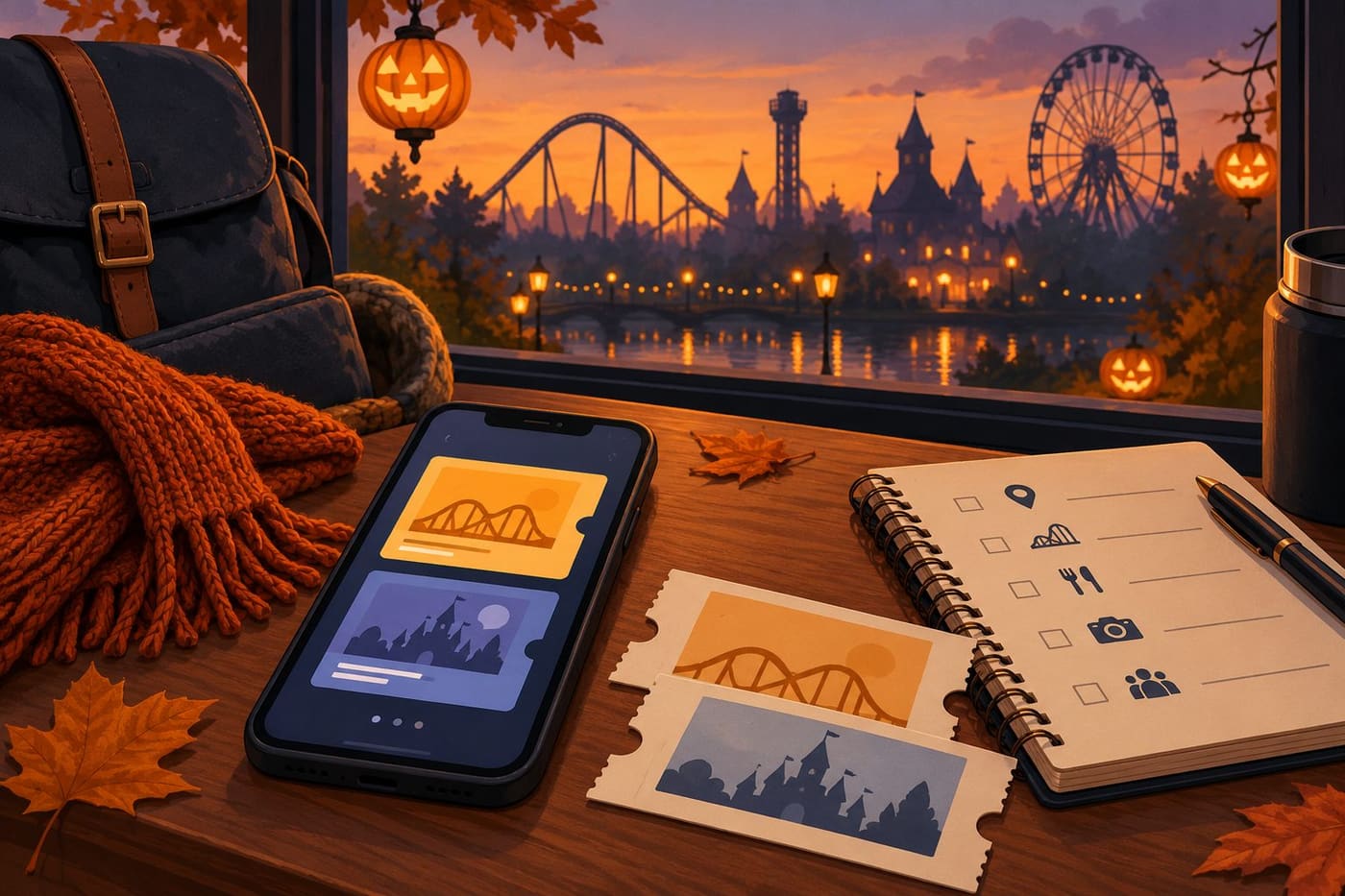 Original conceptual illustration of generic tickets, a phone and planner beside an autumn theme-park view; not Walibi or the reported incident.