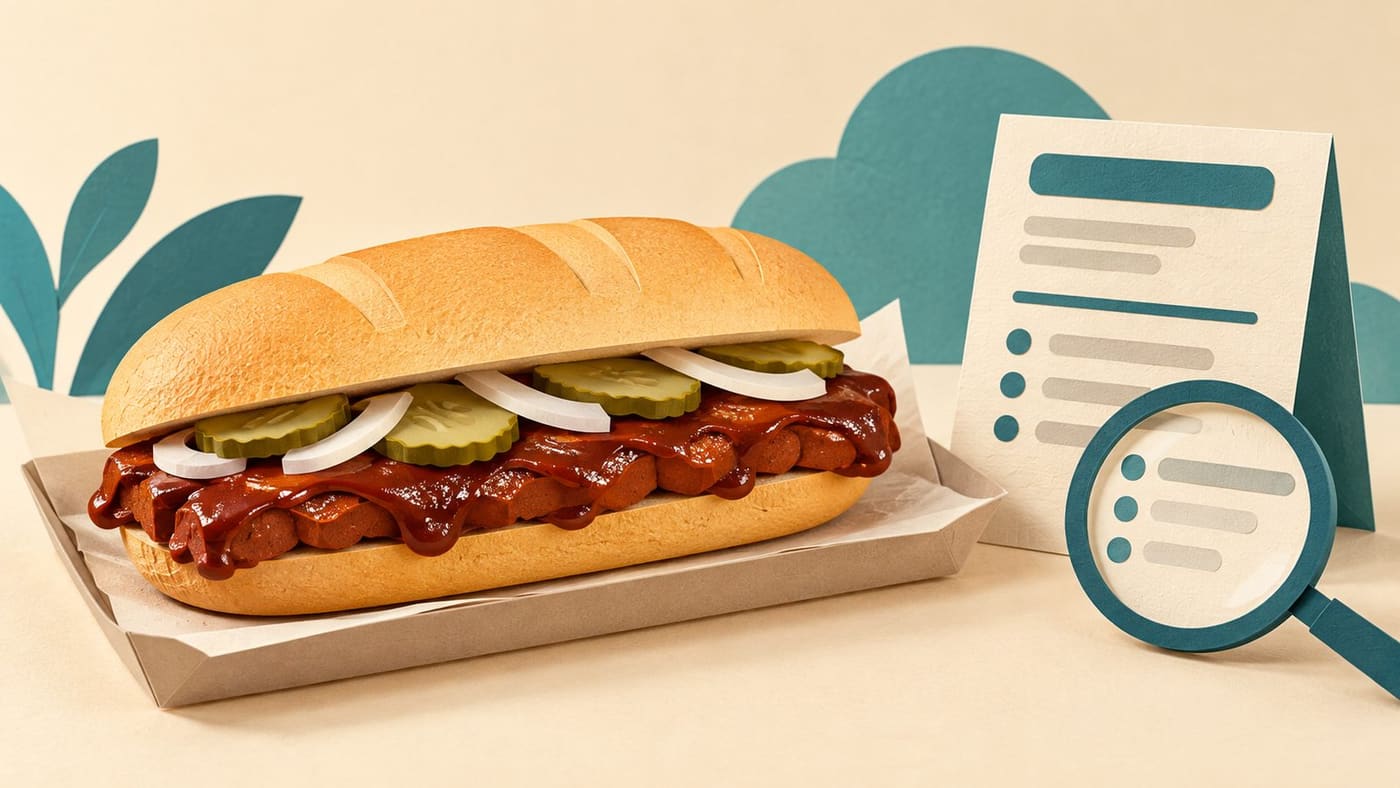 Original conceptual illustration of a generic barbecue pork sandwich beside a blank menu card and magnifying glass; not McRib product photography or a serving-size reference.