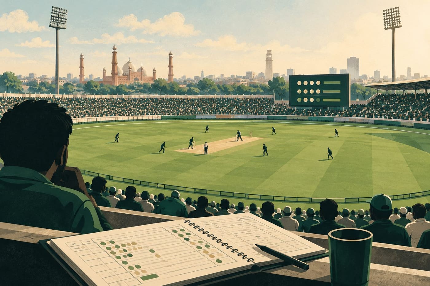 Original conceptual illustration of a spectator’s scorebook beside a fictional cricket ground with anonymous players and an abstract scoreboard; not the actual Lahore match.