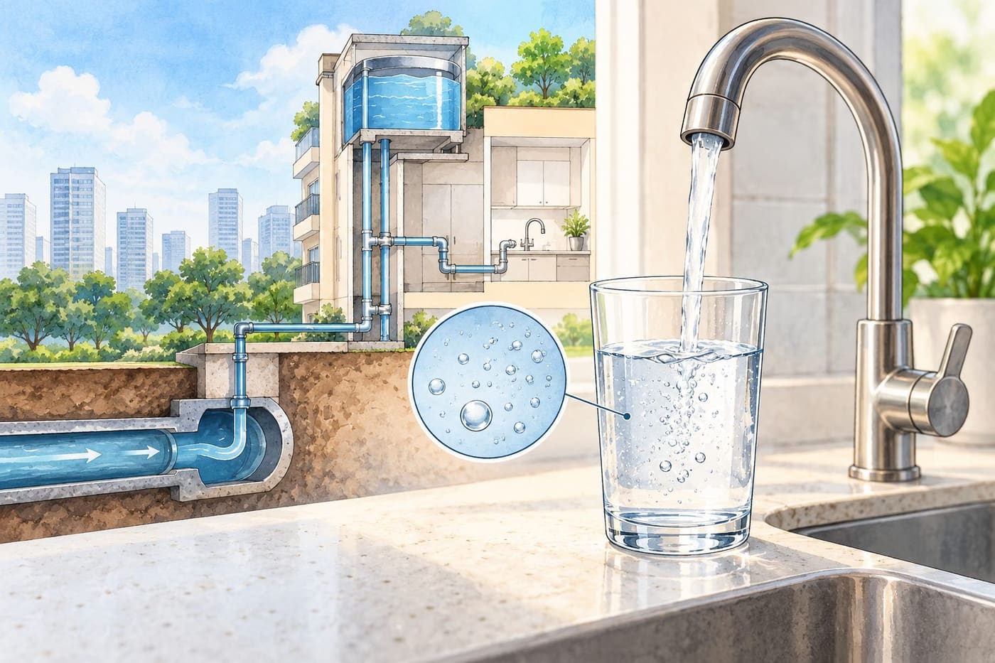 Original conceptual illustration of a Singapore-style urban home water system, household tap and drinking glass with tiny air bubbles; not a PUB test or a specific building.