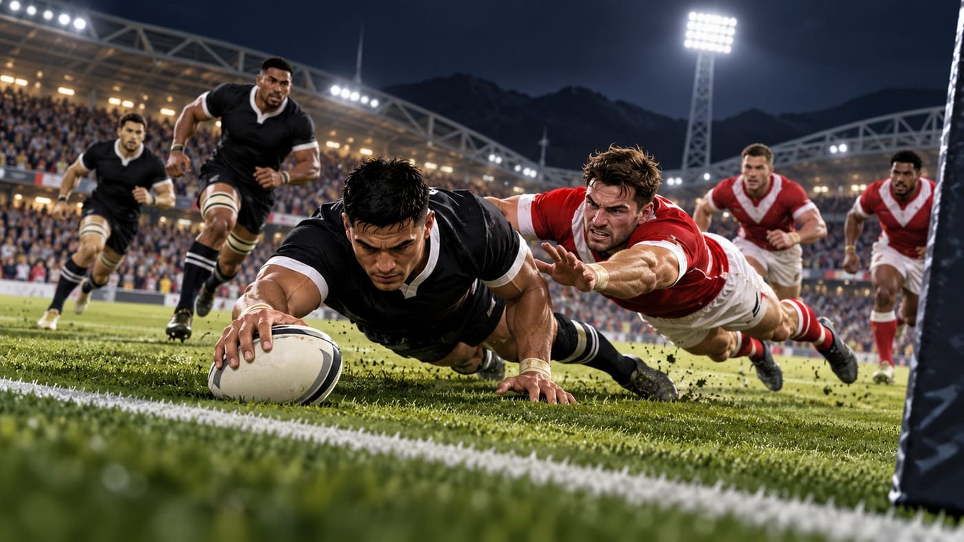 Original AI-generated conceptual illustration of anonymous rugby league players contesting a ball near the sideline under stadium lights; it is not a depiction of the actual match or identifiable athletes.