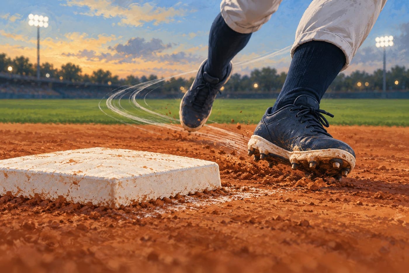 Original conceptual illustration of anonymous baseball cleats passing a white base on an infield; not Chandler Simpson or a specific game.
