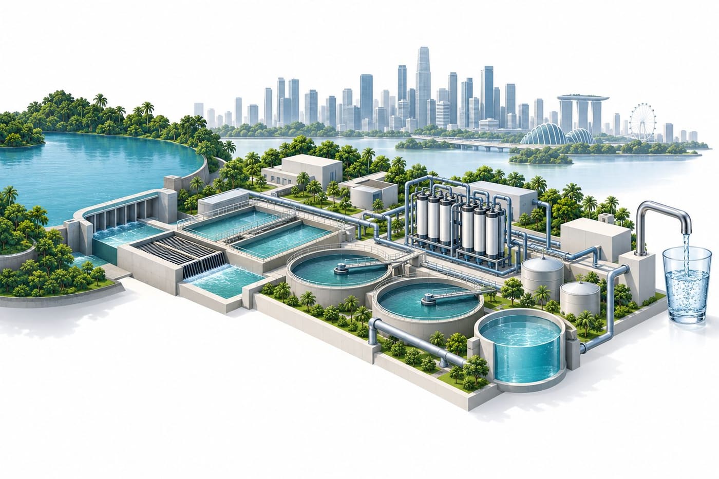 Original generated conceptual illustration of reservoirs, treatment tanks, membrane units and a household tap against a Singapore-inspired skyline.