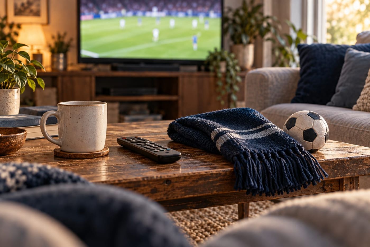 Original generated illustration of a cozy home-viewing table with a football, scarf, mug and remote; not a Ted Lasso scene or filming location.