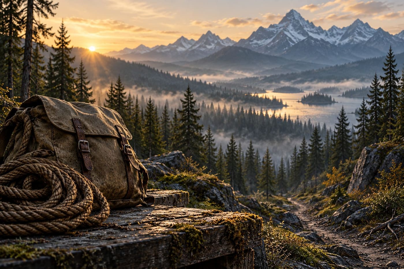 Original conceptual illustration of a canvas pack and rope beside a misty forest trail; not a scene from The Weight or a real filming location.