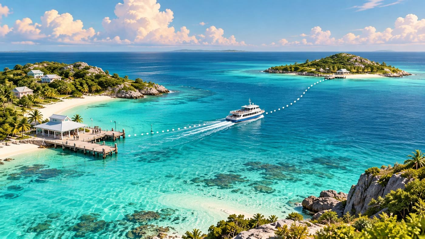 Original generated conceptual illustration of a passenger ferry between tropical islands with a dotted route; not a geographic map or a photograph of an actual location.