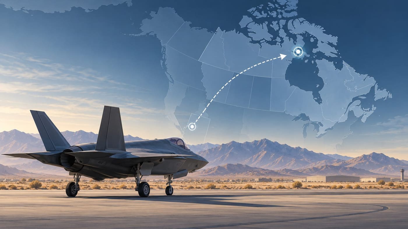 Original conceptual illustration of a generic fighter aircraft in a desert training setting with a route motif toward Canada; not a photograph of an actual F-35, Luke Air Force Base or Canadian installation.