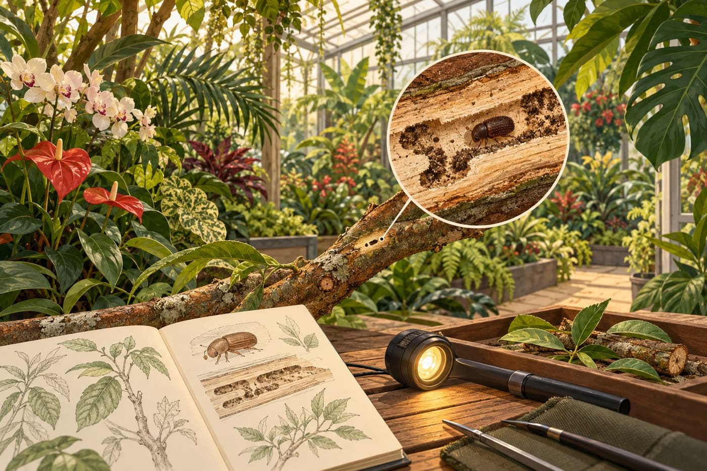Conceptual illustration of a fictional tropical greenhouse inspection, with a magnified bark beetle and branch tunnel; not an image from Wildlands or a diagnostic specimen.