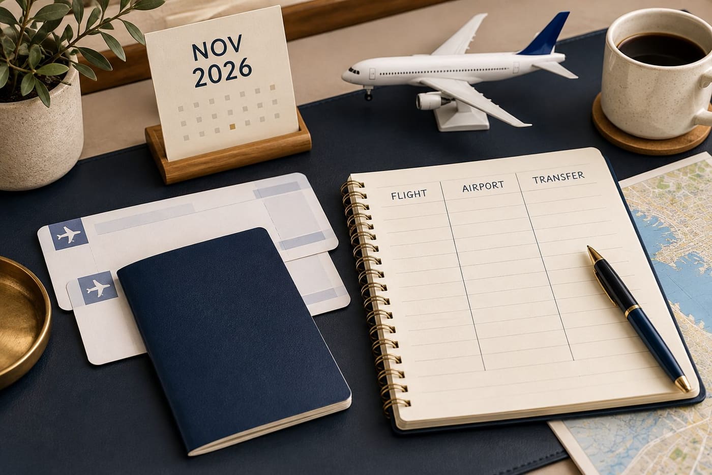 Original conceptual illustration of a NOV 2026 calendar, blank travel documents, model plane and notebook headed FLIGHT, AIRPORT and TRANSFER; not an official closure notice.
