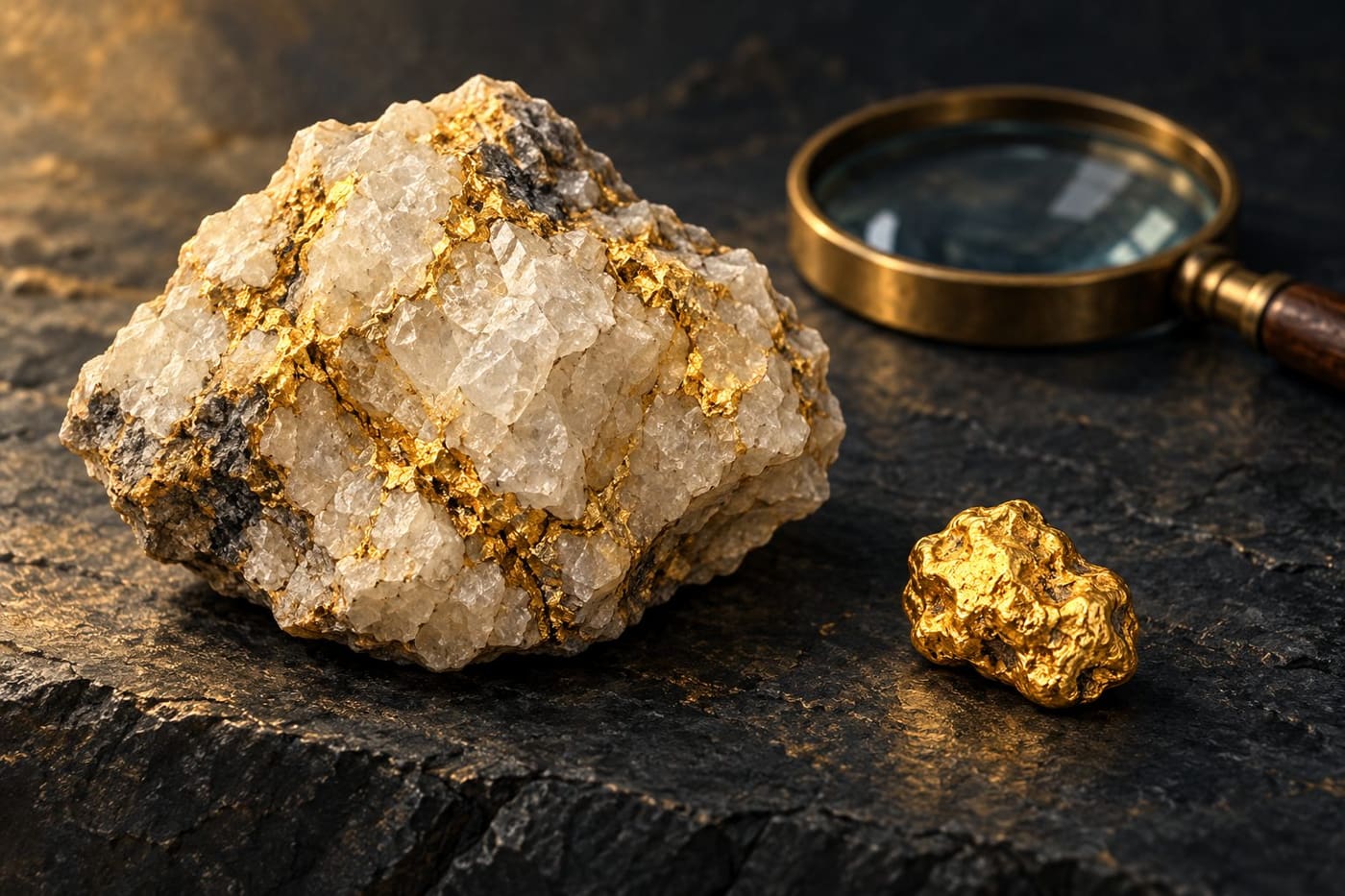 Original conceptual illustration of quartz with gold-colored veins beside a small gold nugget and magnifying lens; not a real discovery or a scaled geological diagram.