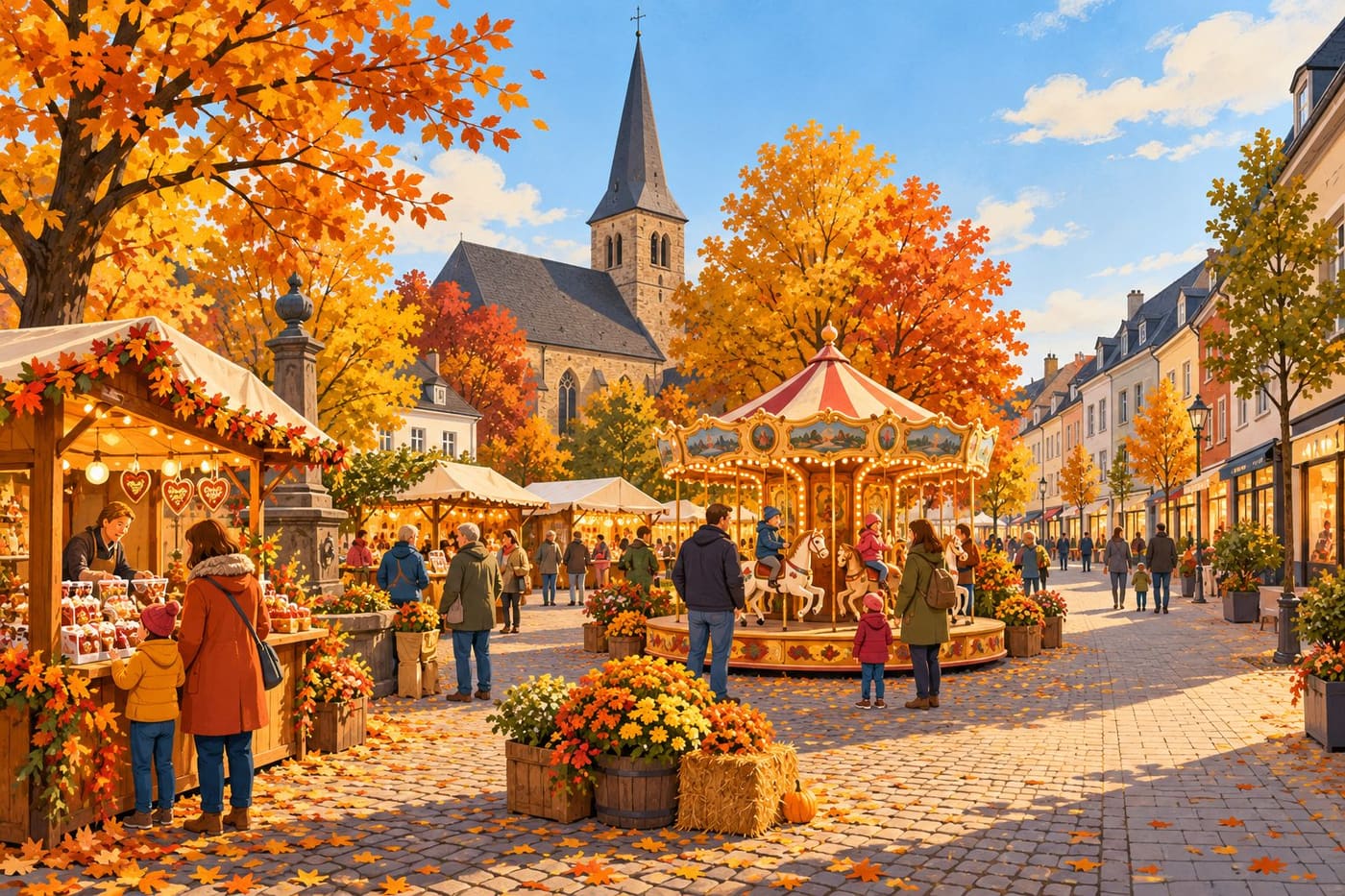 Original conceptual illustration of an autumn fair at a German neighbourhood market square; not a photograph or documentary depiction of the actual Aachen event.