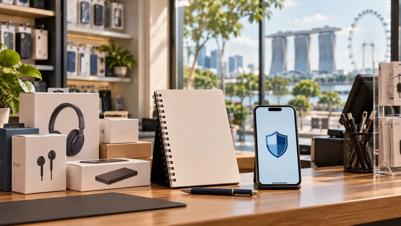 Original conceptual illustration of an electronics-shop counter, blank incident notebook and phone with shield symbol; not actual case exhibits.