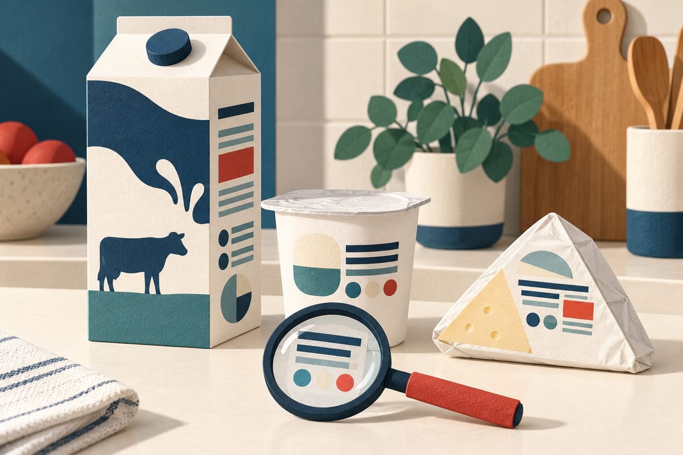 Original conceptual illustration of generic milk, yogurt and cheese packaging beside a magnifying glass; no real brand or certification label.