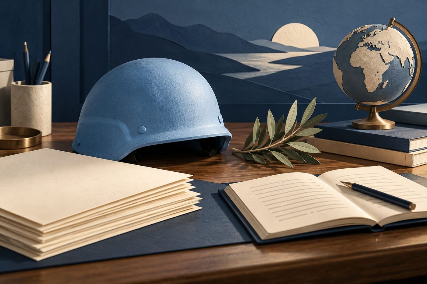 Original conceptual illustration of an unmarked blue helmet, documents, notebook, globe and olive branch; not a real UN deployment.
