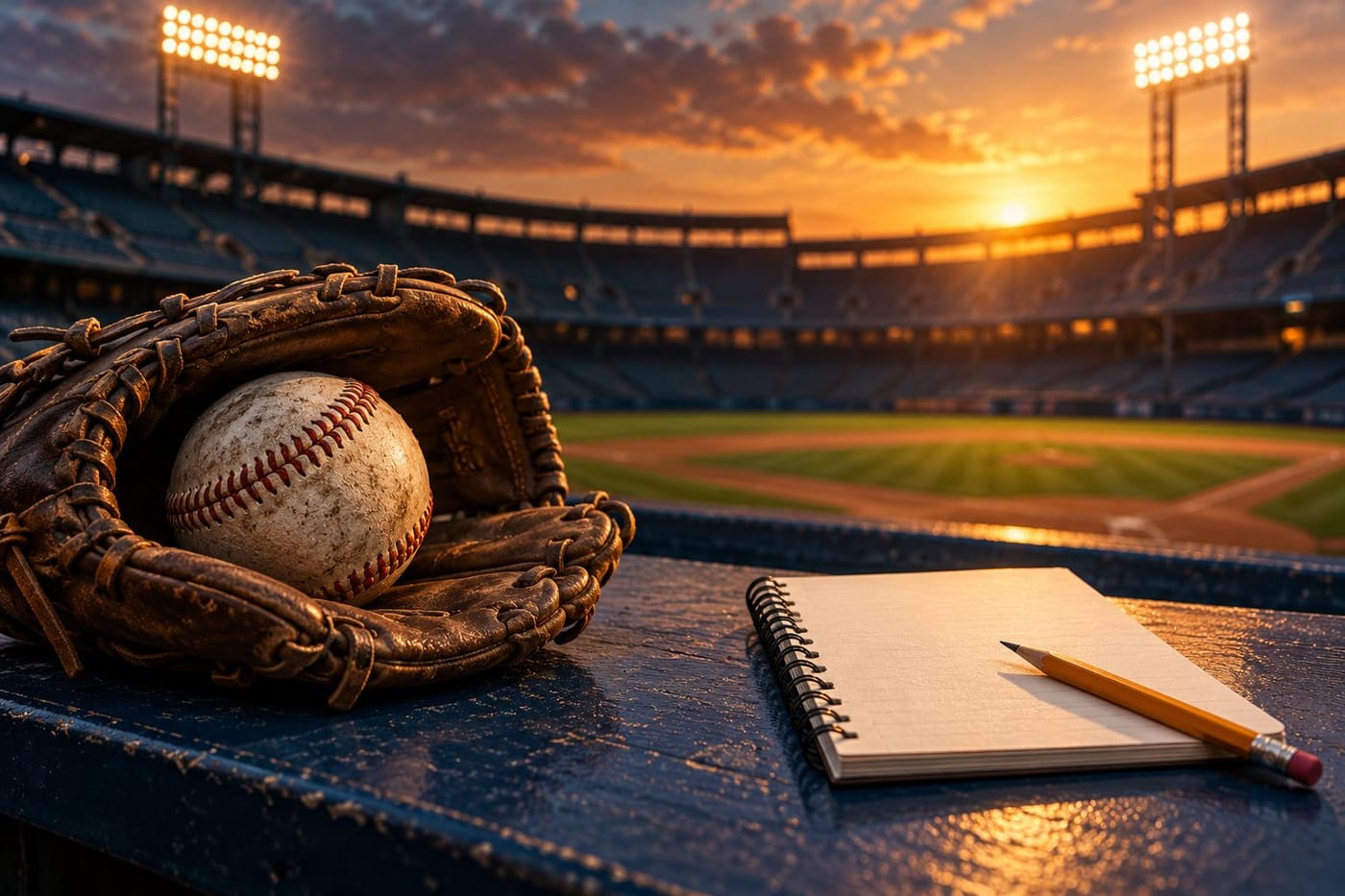 Original conceptual illustration of an unbranded baseball and glove beside a blank notebook, overlooking an imagined ballpark at sunset; not Game 4 photography.