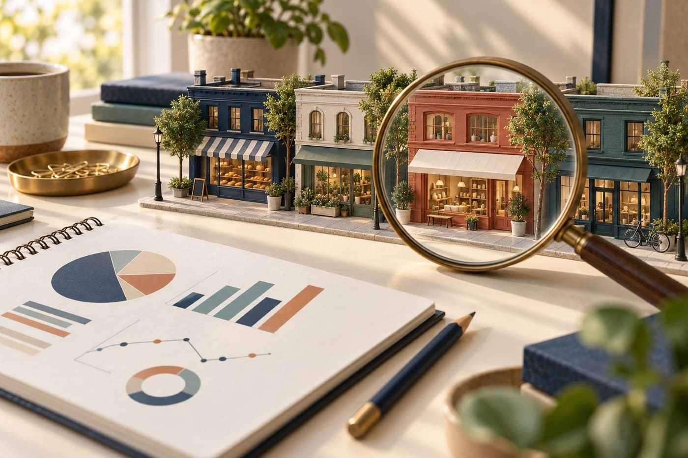 Original conceptual illustration of a fictional miniature shopping street under a magnifying glass beside a notebook; not a measured market or real location.