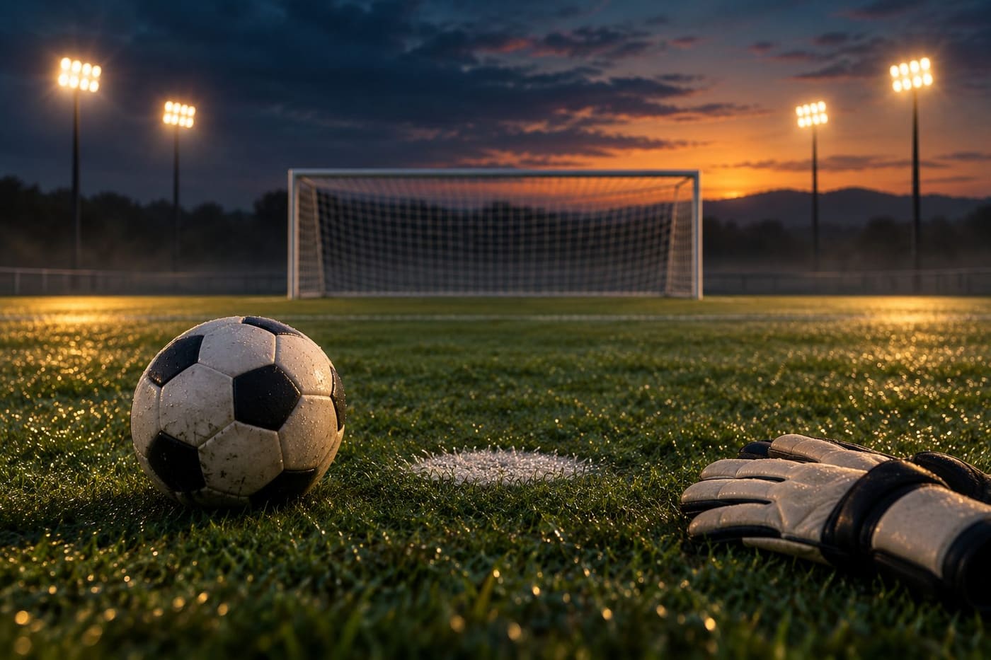 Original conceptual illustration of an unbranded football, goalkeeper gloves and a goal on a floodlit pitch; not a Fleetwood-Arsenal match photograph.
