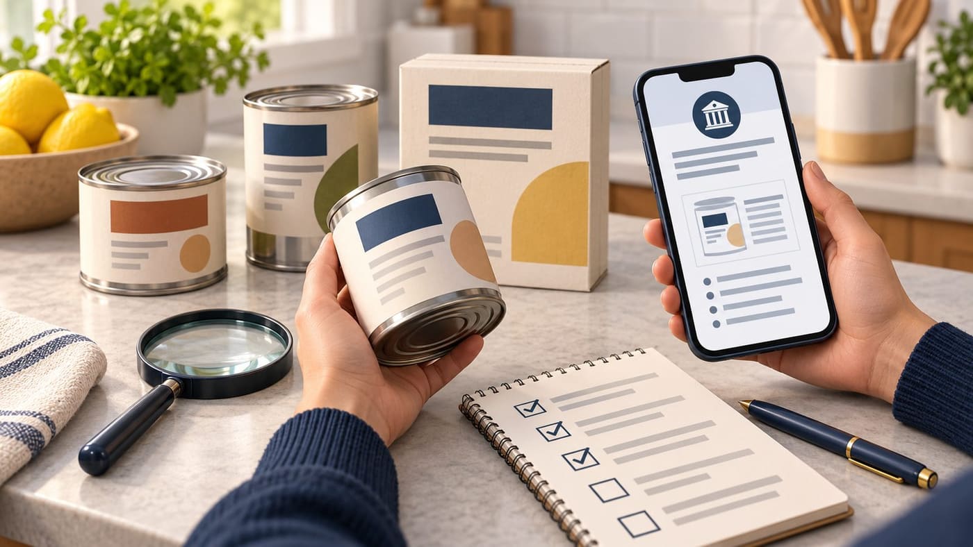 Original generated illustration of generic sealed food packages beside a checklist and a phone showing an abstract recall notice.