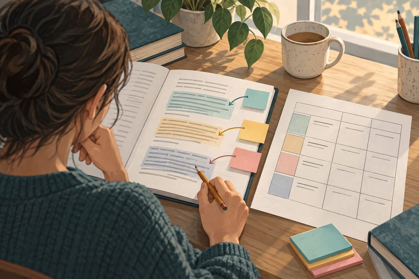 Original conceptual illustration of a student matching an abstract draft to a blank criteria grid; not a real assignment, institutional rubric or grade record.