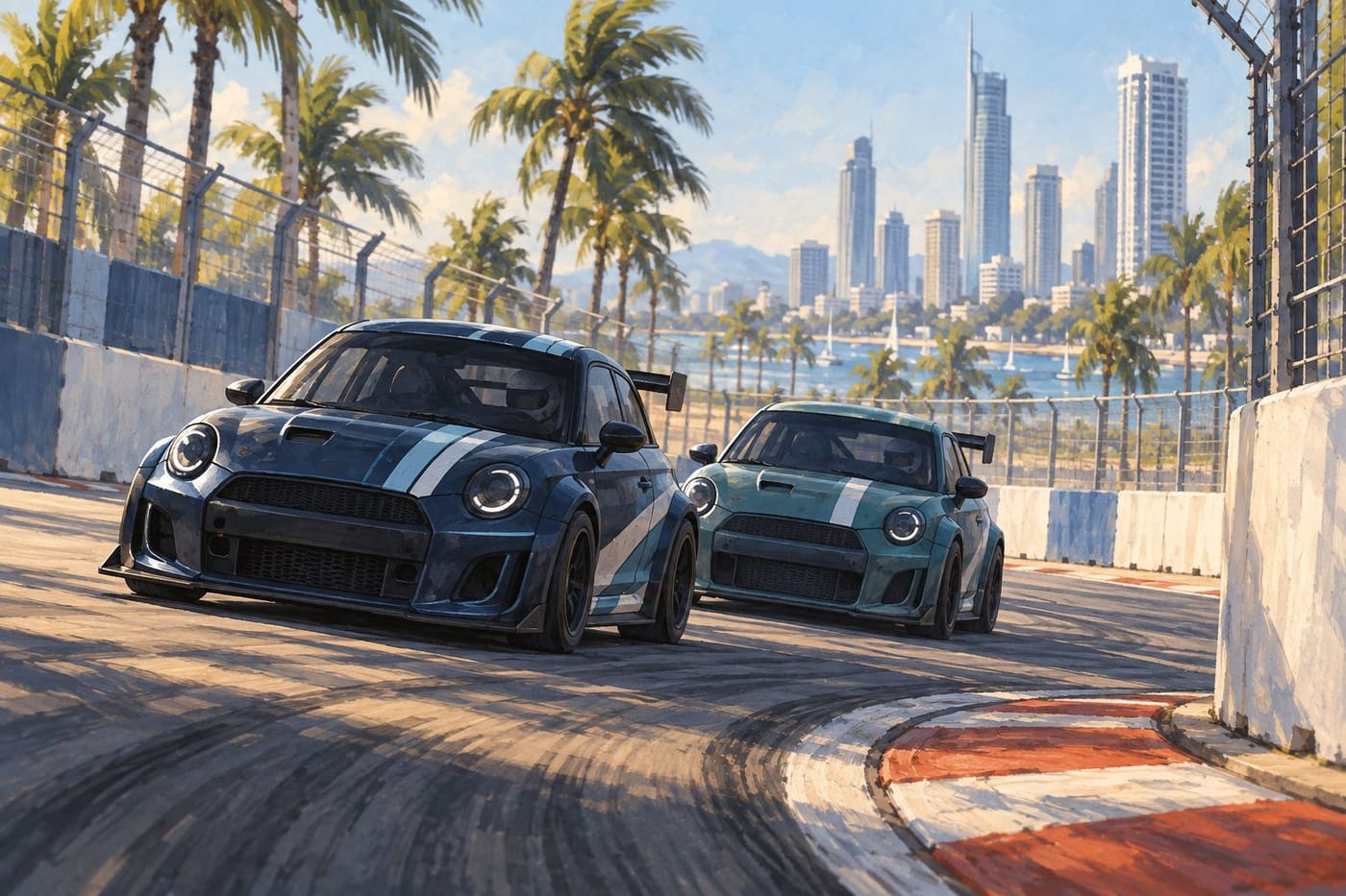 Original conceptual illustration of two unbranded compact racing cars on a fictional palm-lined street circuit; not a photograph of the Gold Coast race.