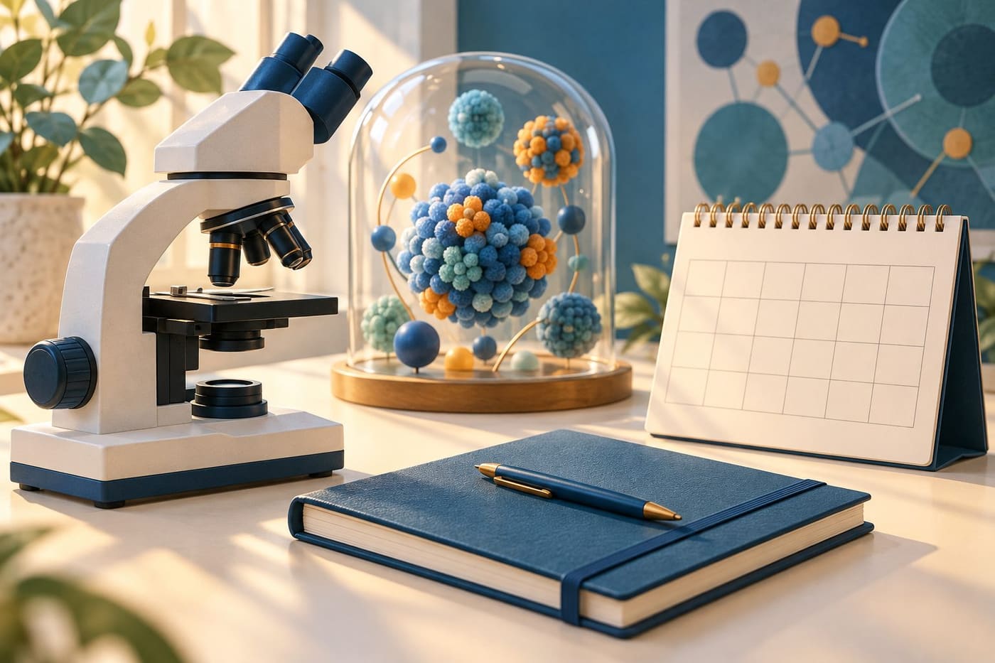 Original conceptual illustration of a microscope, blank calendar, notebook and abstract molecular models; not a micrograph, vaccine product or clinical procedure.