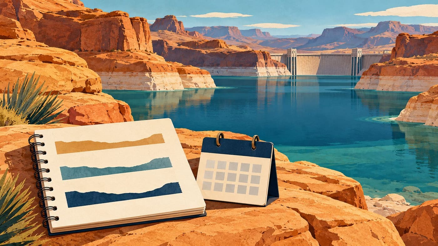 Original conceptual illustration of a desert reservoir, dam, notebook and calendar; not current Lake Powell conditions, a scale diagram or a forecast.