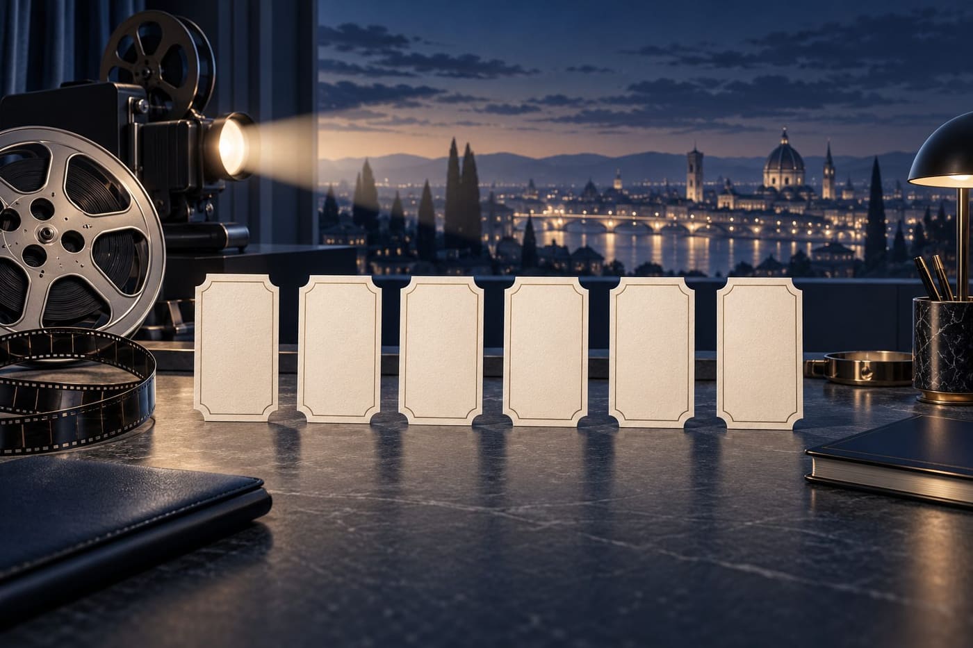 Original conceptual illustration of blank cinema tickets, a film reel and projector against an abstract skyline; not a James Bond film still or official artwork.