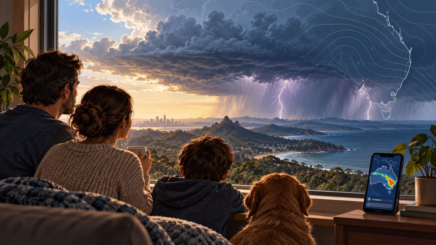 Conceptual family checking an abstract weather display from indoors as a storm approaches; the screen is decorative and not a real warning map or location.