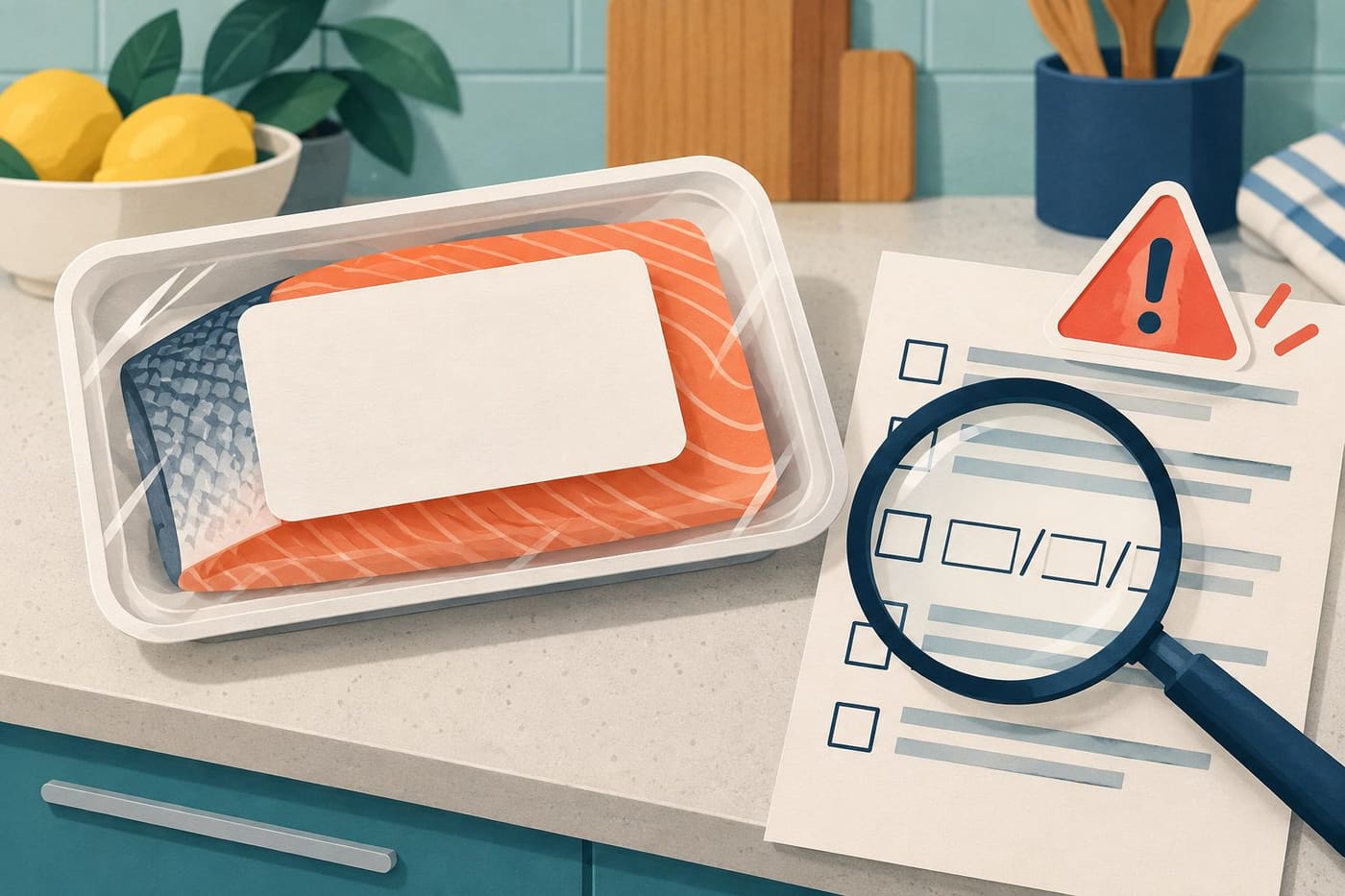 Original conceptual illustration of a generic fish tray with a blank label beside a checklist and magnifying glass; not the recalled packaging or an identification guide.