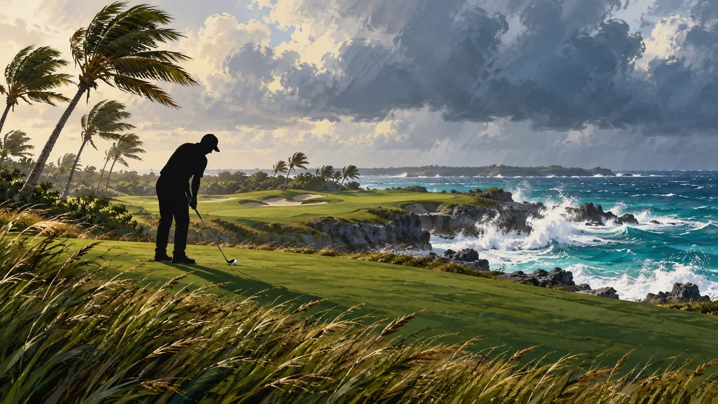 Conceptual editorial illustration of a generic golfer playing in coastal wind on a Bermuda-style course; it does not depict Seamus Power or the tournament.