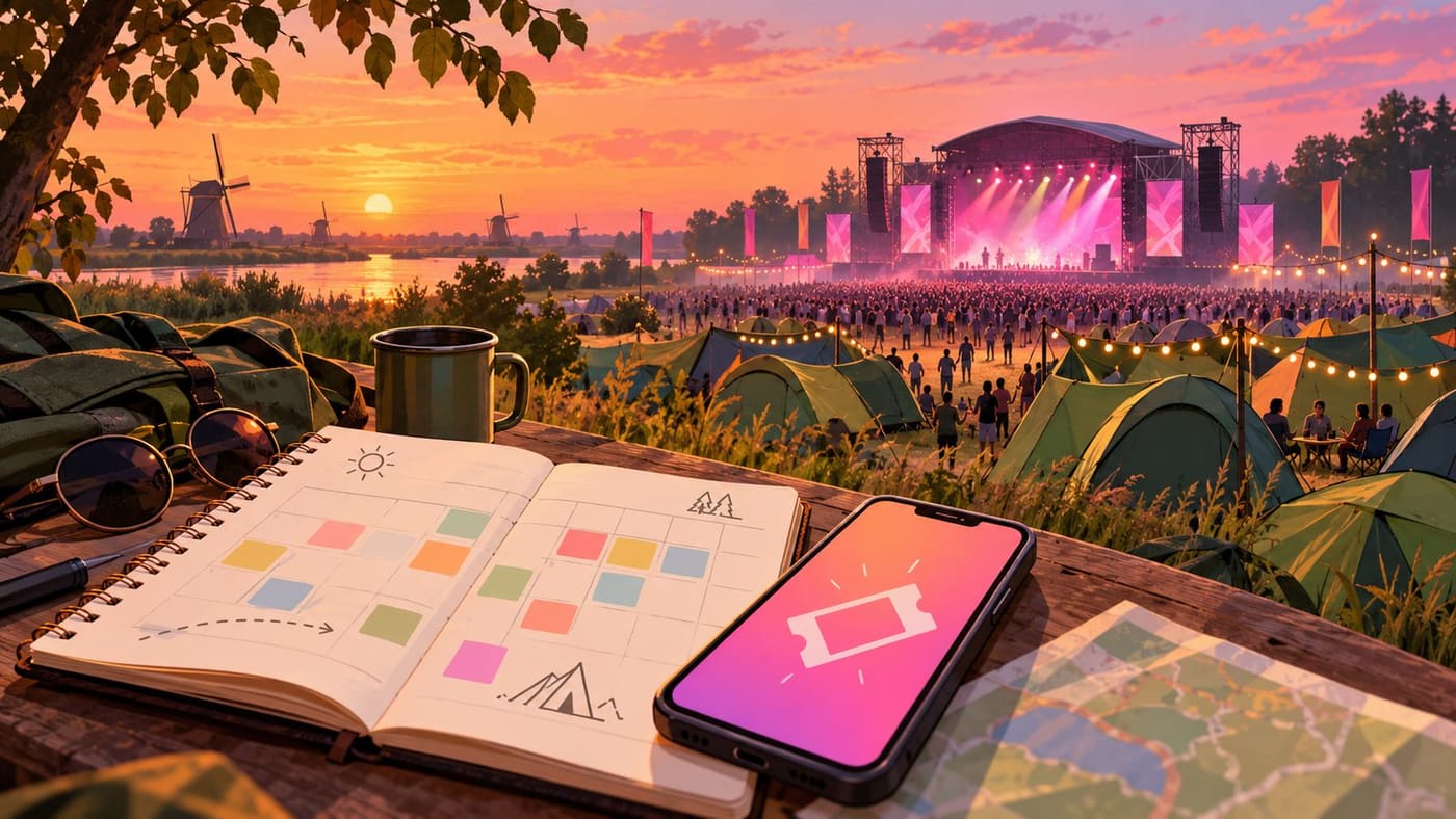 Original generated conceptual Dutch summer music festival illustration with a generic stage, tents, planning notebook and phone ticket symbol; not Pinkpop’s actual site or performers.