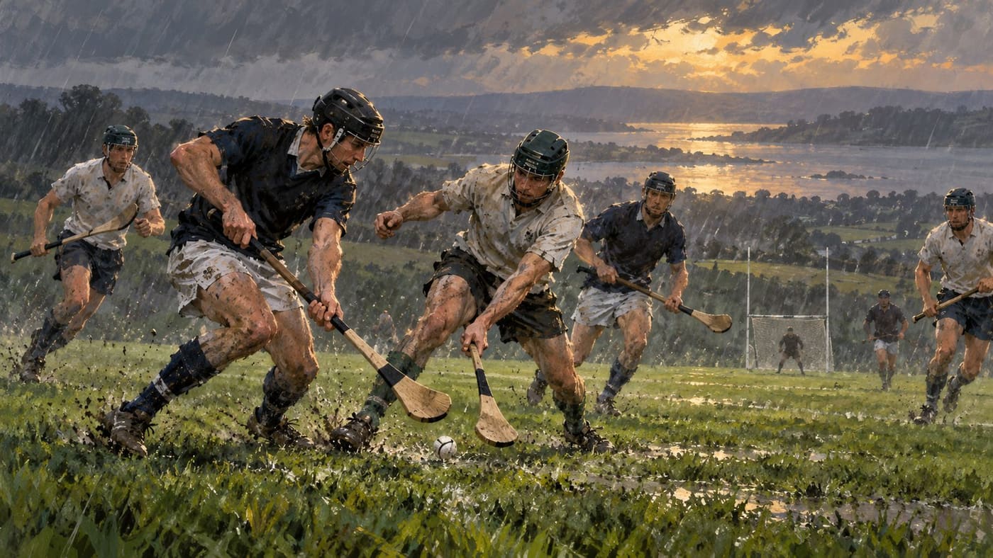 Original conceptual illustration of anonymous hurley-carrying players contesting a sliotar on a fictional rain-soaked field; it is not a real match image or depiction of identifiable athletes.