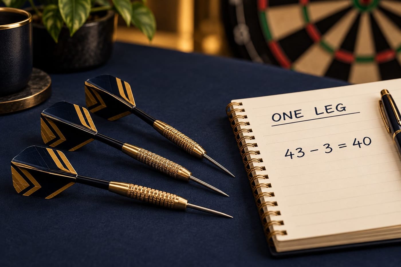 Original conceptual illustration of generic darts beside a notebook marked ONE LEG with the calculation 43 minus 3 equals 40; not an actual event photograph or scorecard.