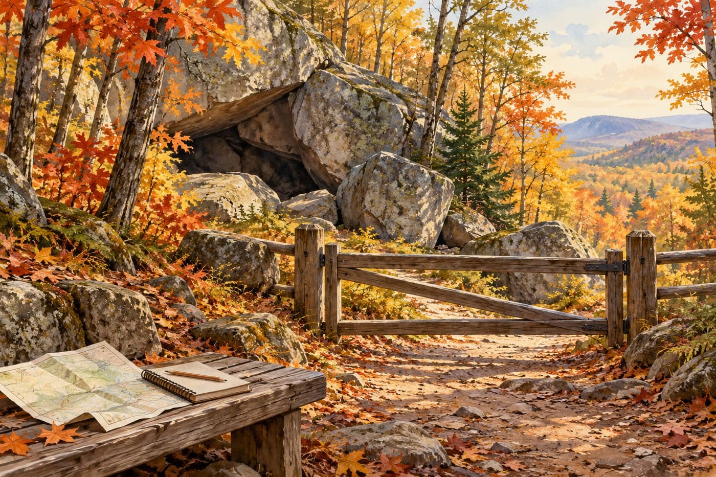 Original conceptual illustration of a closed wooden gate beside generic granite boulders in autumn woodland, with a map and notebook; not Polar Caves or the actual incident.
