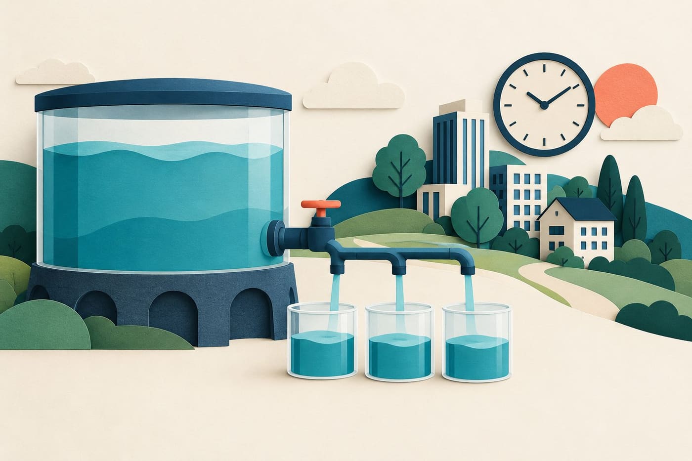 Original conceptual illustration of a reservoir supplying several containers beside buildings and a clock, representing cash timing; not fund data or an official diagram.