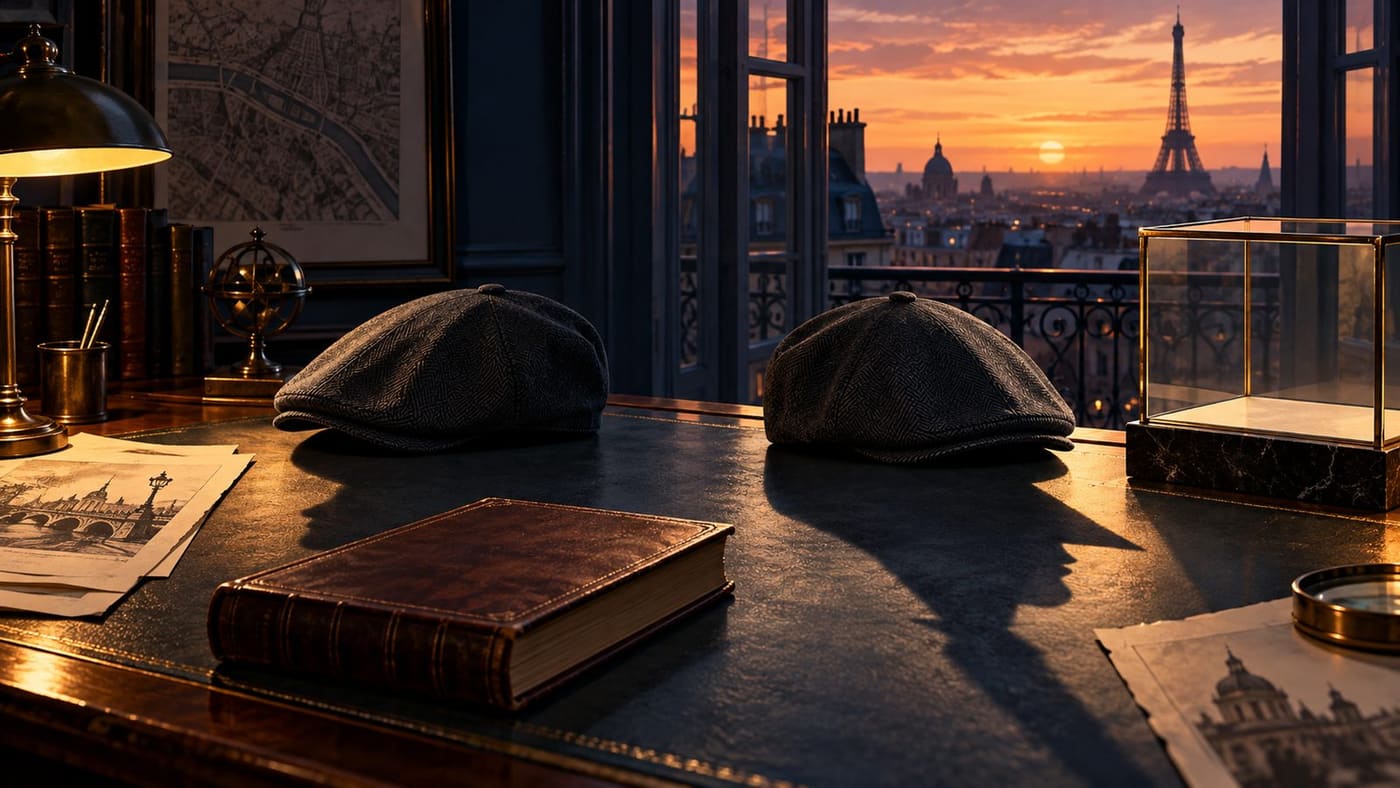 Original conceptual illustration of two dark caps, a closed book and an empty display case on an imagined Parisian desk; not a Lupin production still or actor portrait.