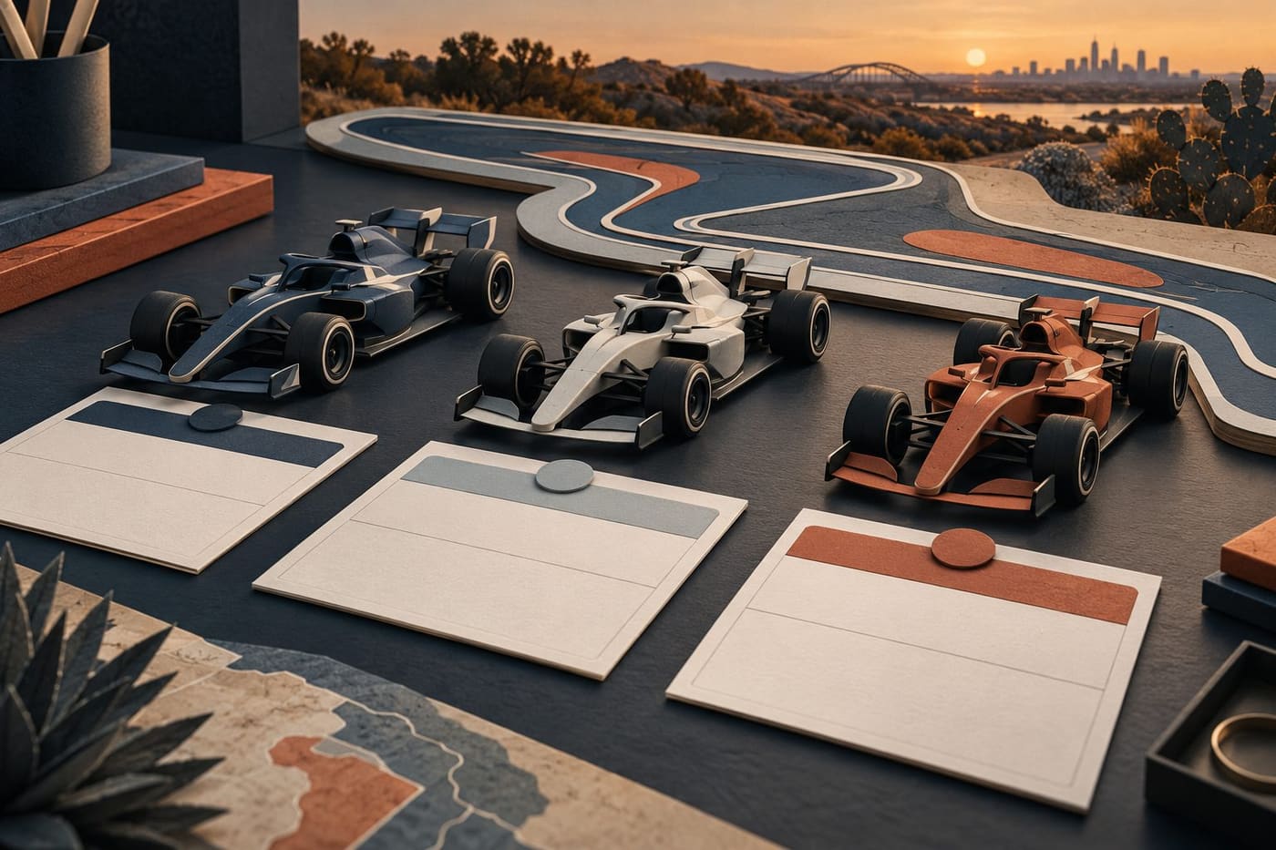 Original conceptual illustration of three unbranded model racing cars, blank schedule cards and an abstract track; not an actual F1 ACADEMY event photograph.